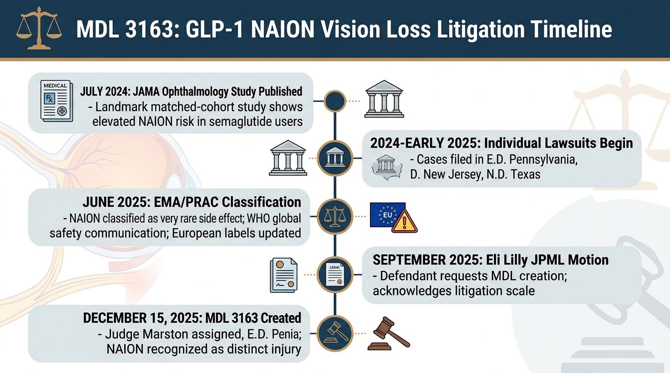 GLP-1 NAION MDL 3163 litigation status and timeline for vision loss lawsuits