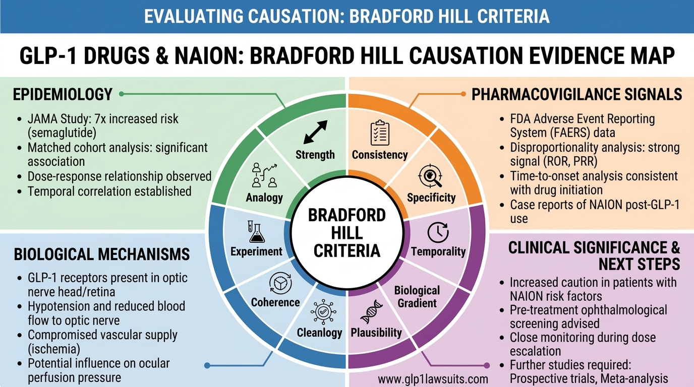 Causation analysis of GLP-1 drugs and NAION using Bradford Hill criteria and major studies Hero Image Description: A clear evidence map showing how epidemiology, pharmacovigilance signals, mechanisms, and regulatory findings support a Bradford Hill causation analysis of GLP-1 drugs and NAION.