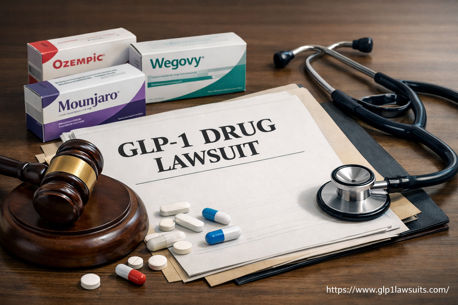 GLP-1 减肥针诉讼主题示意图，展示 Ozempic、Wegovy 和 Mounjaro 药物、法官木槌与医疗元素，体现 GLP-1 药物副作用与法律索赔关系