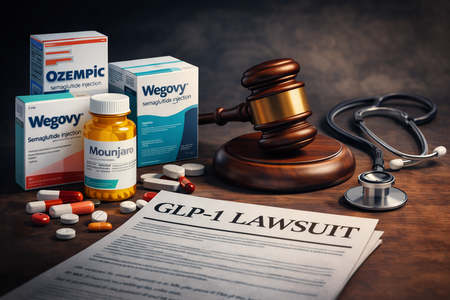 Legal-themed image illustrating GLP-1 lawsuits involving Ozempic, Wegovy, and Mounjaro, with a gavel, prescription medications, and medical symbols.
