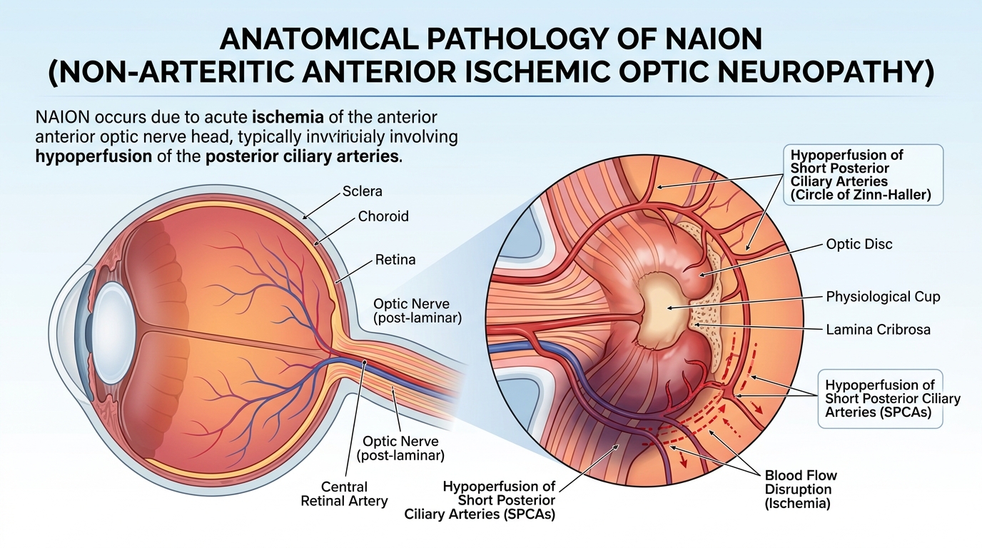 Illustration of optic nerve damage caused by NAION (non-arteritic anterior ischemic optic neuropathy)
